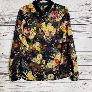 Mango MNG Collection Floral Sheer Transparent Button Down Blouse Shirt Sz Medium